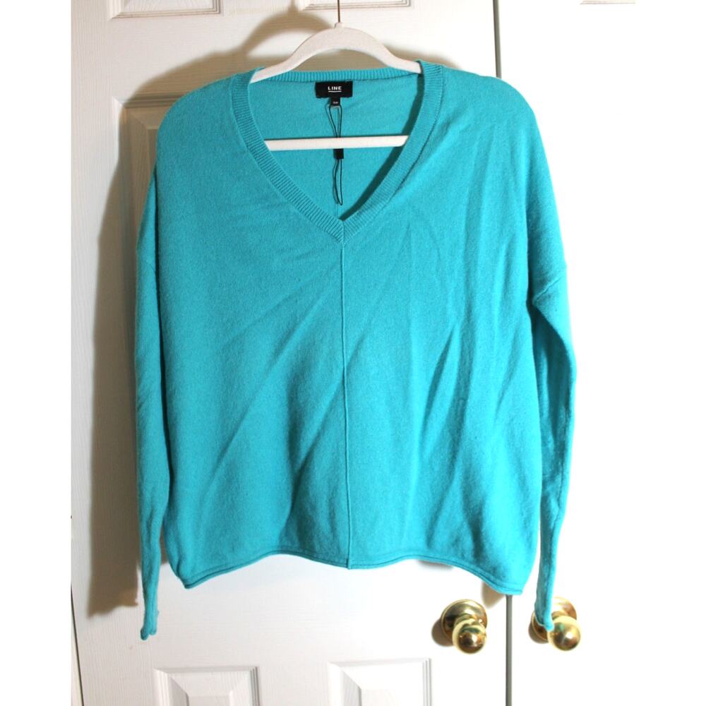 Line the Label Turquoise V-Neck Cashmere Sweater sz S NWOT